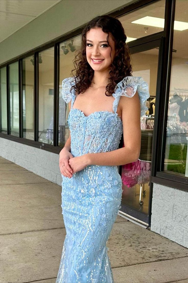 Ruffle Straps 3D Flower Mermaid Long Prom Dresses