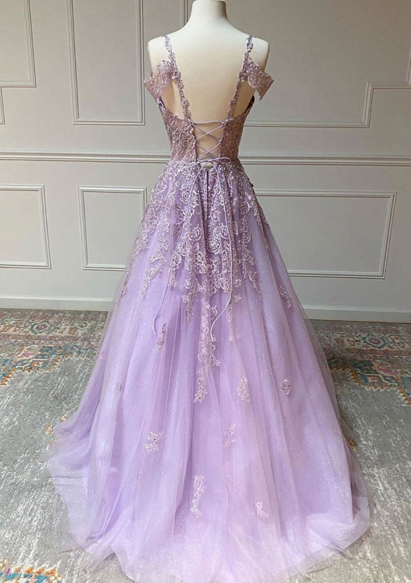 Princess Spaghetti Straps Floor-Length Tulle Prom Dresses with Beading Appliqued