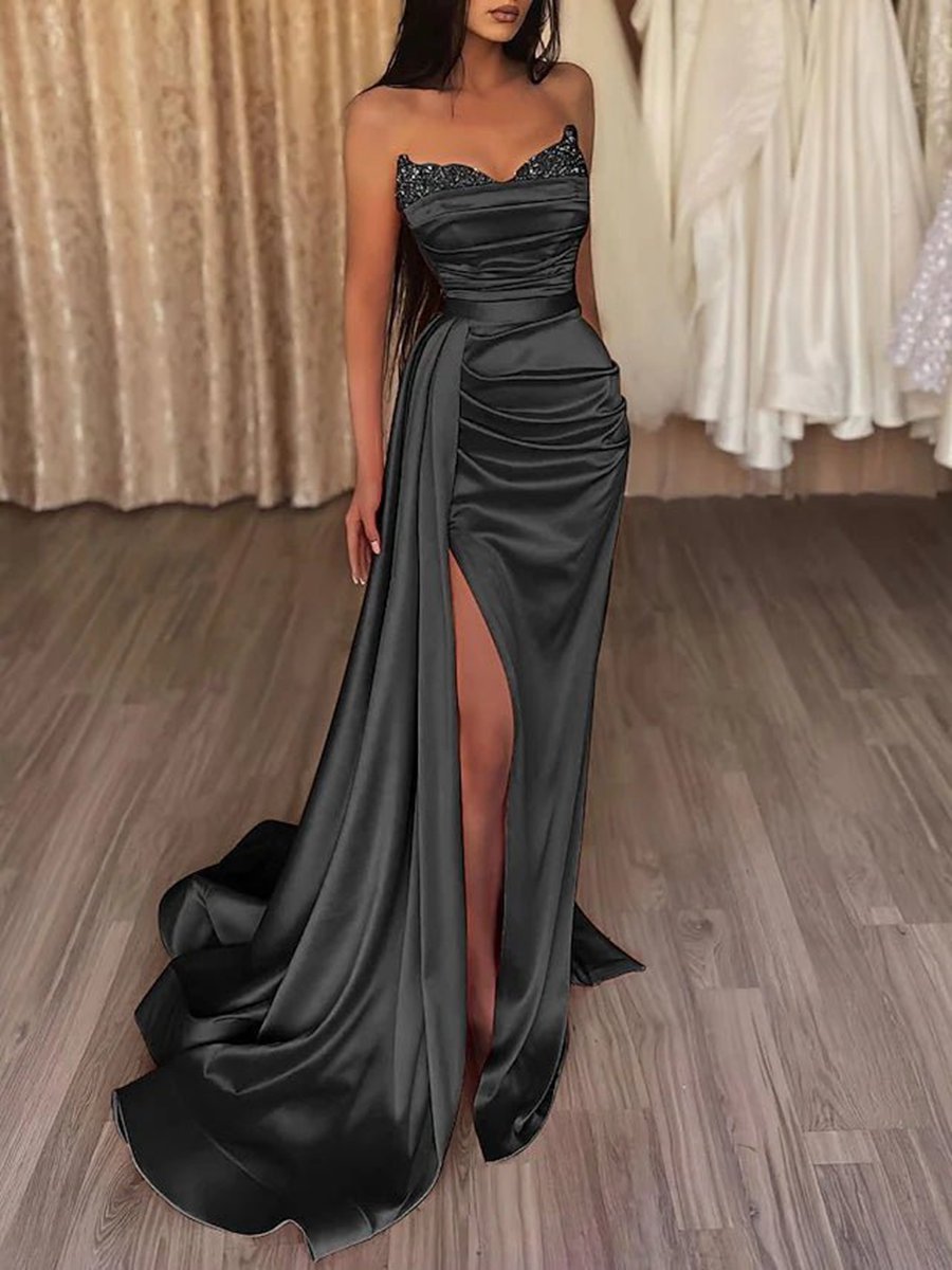 Mermaid Evening Gown Dresses Prom Court Train Sleeveless Strapless Satin with Slit Pure Color