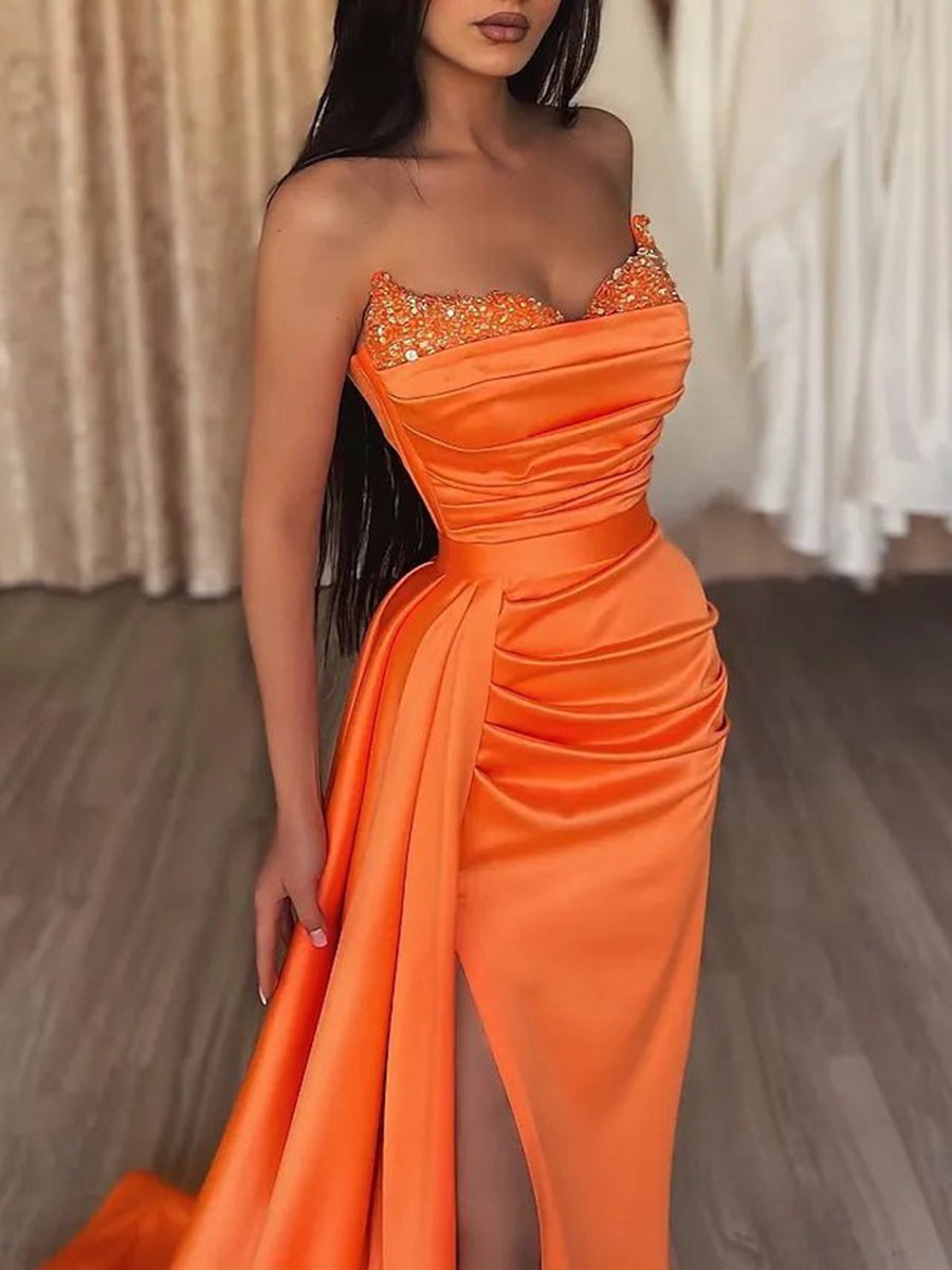 Mermaid Evening Gown Dresses Prom Court Train Sleeveless Strapless Satin with Slit Pure Color