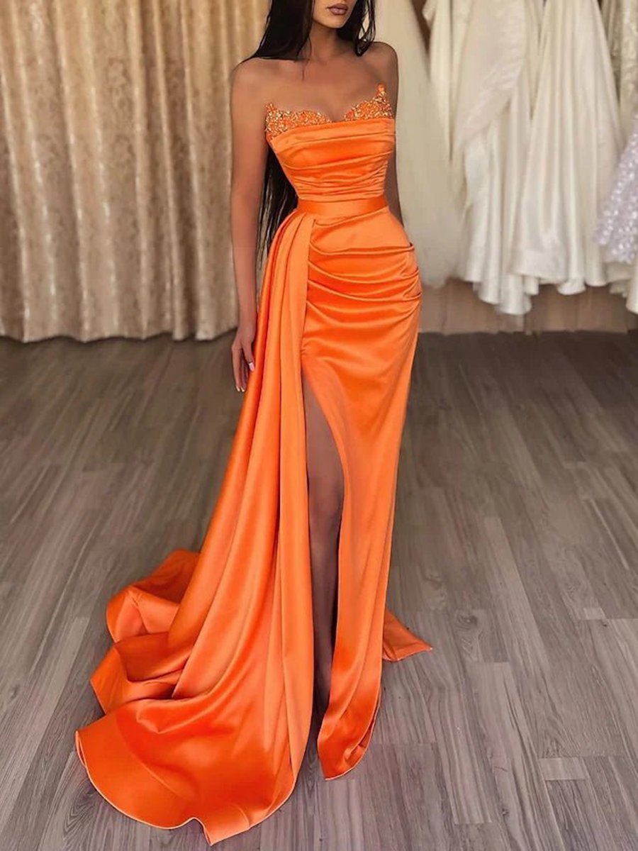 Mermaid Evening Gown Dresses Prom Court Train Sleeveless Strapless Satin with Slit Pure Color
