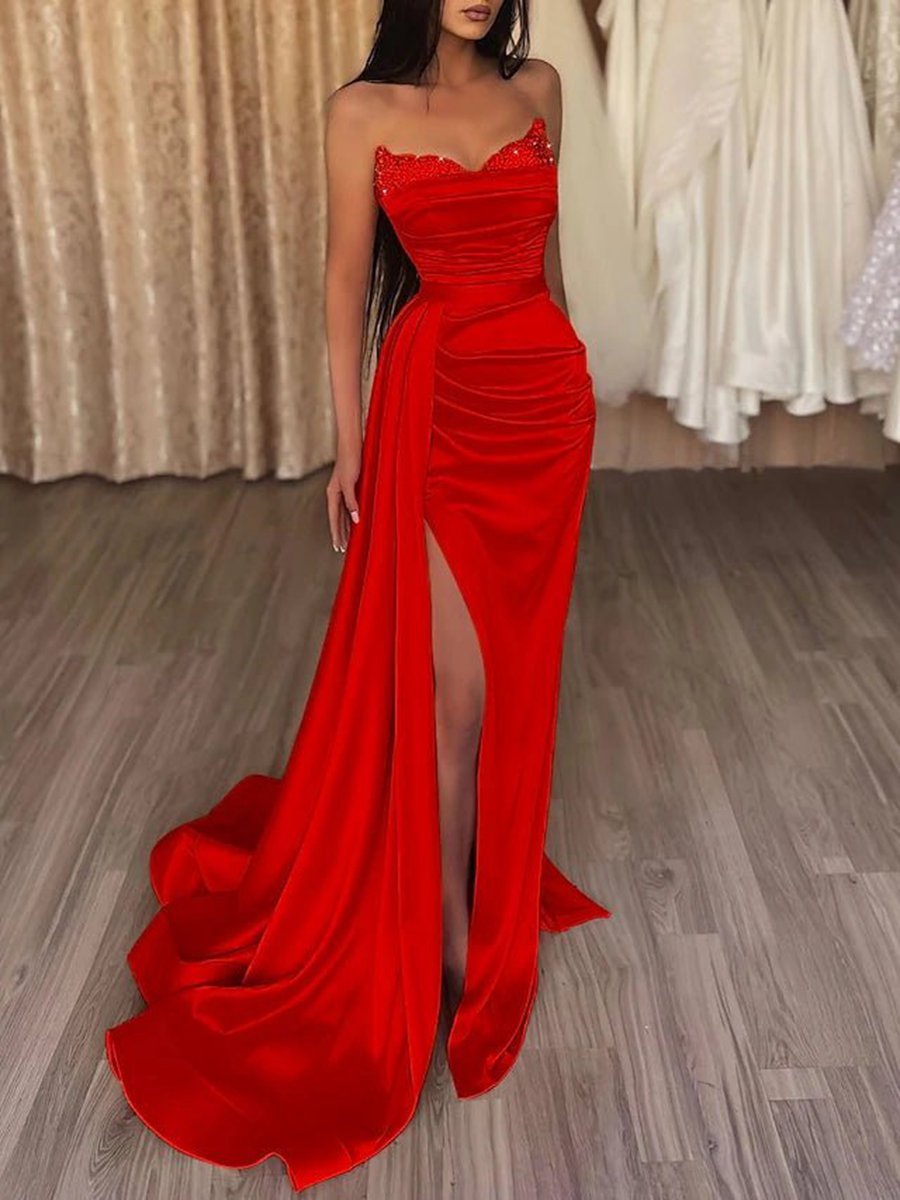 Mermaid Evening Gown Dresses Prom Court Train Sleeveless Strapless Satin with Slit Pure Color