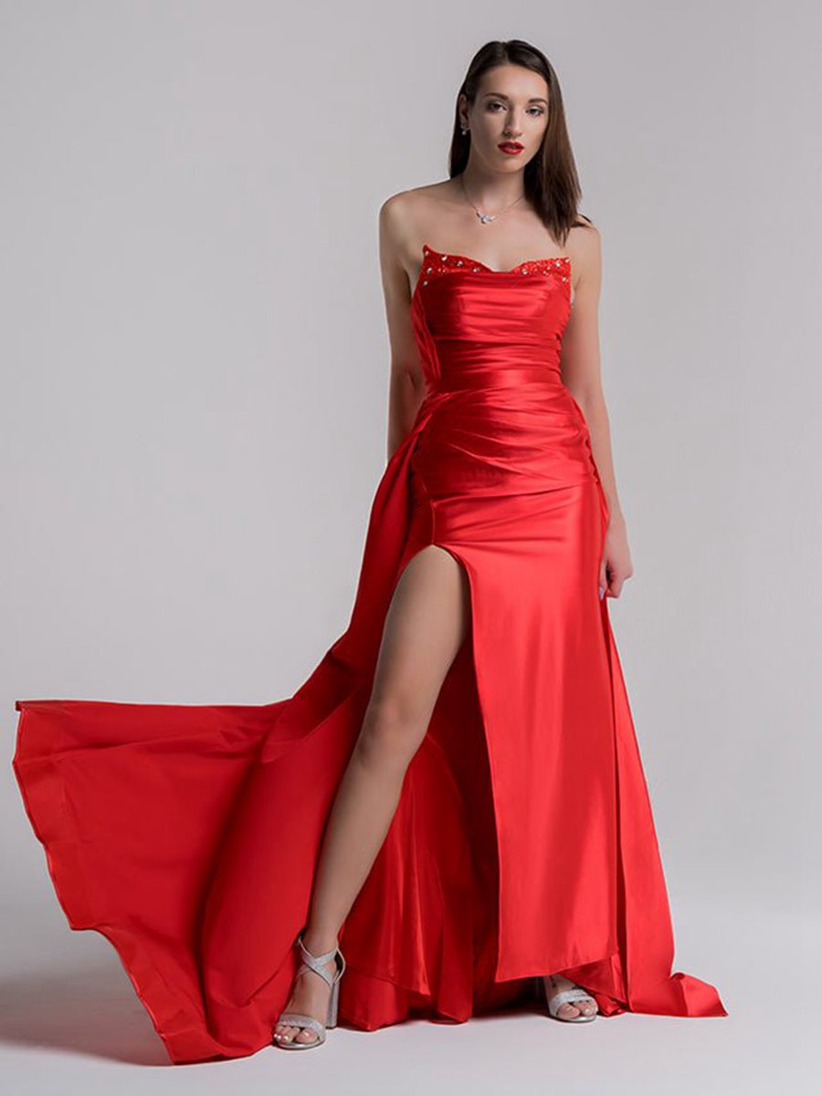 Mermaid Evening Gown Dresses Prom Court Train Sleeveless Strapless Satin with Slit Pure Color