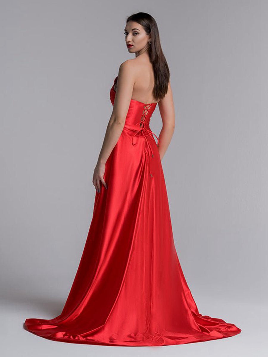 Mermaid Evening Gown Dresses Prom Court Train Sleeveless Strapless Satin with Slit Pure Color