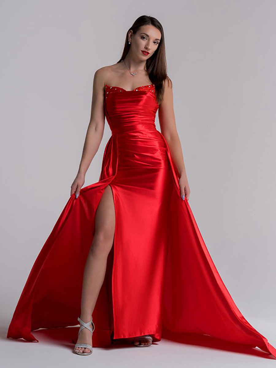 Mermaid Evening Gown Dresses Prom Court Train Sleeveless Strapless Satin with Slit Pure Color