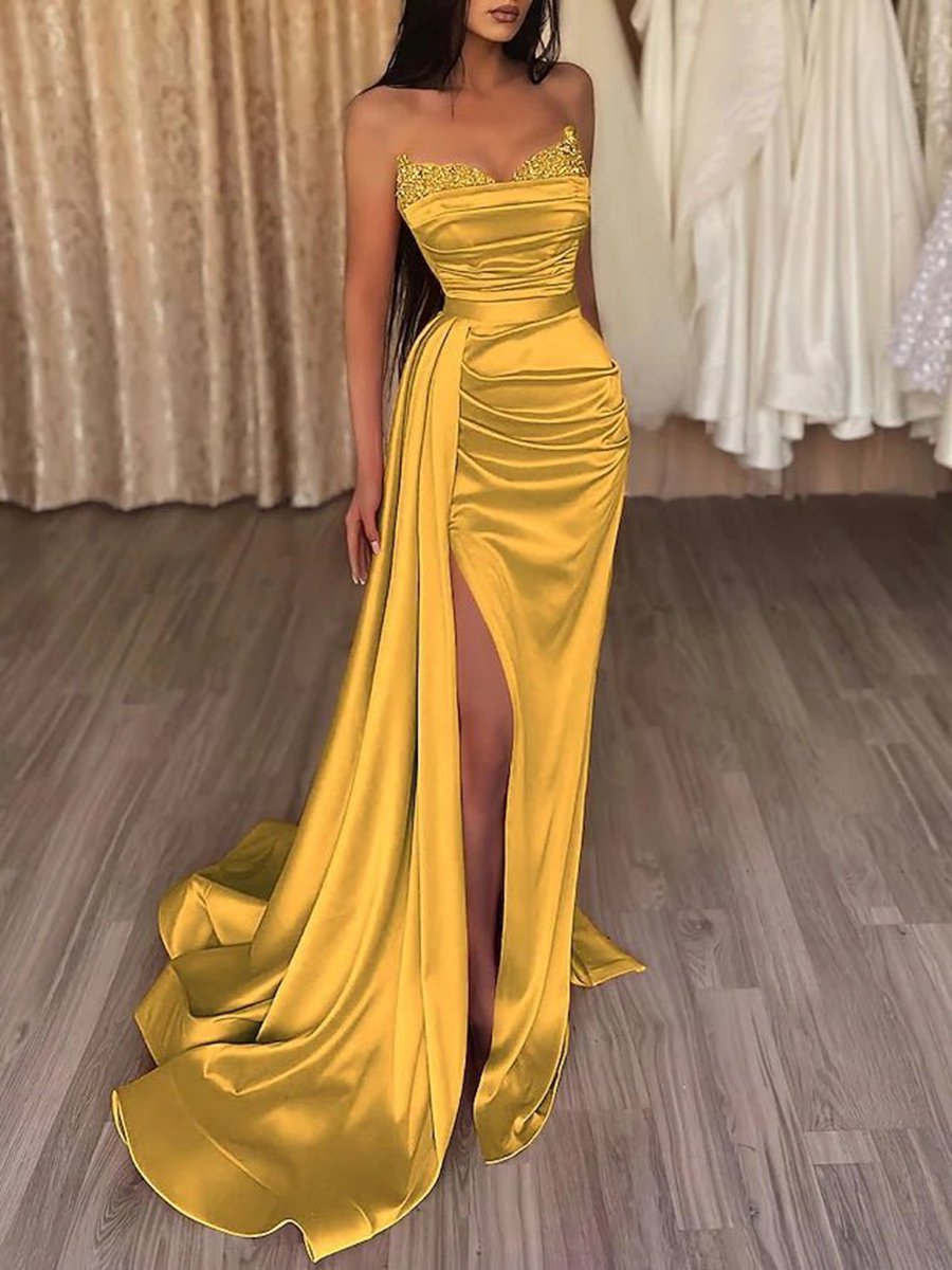 Mermaid Evening Gown Dresses Prom Court Train Sleeveless Strapless Satin with Slit Pure Color
