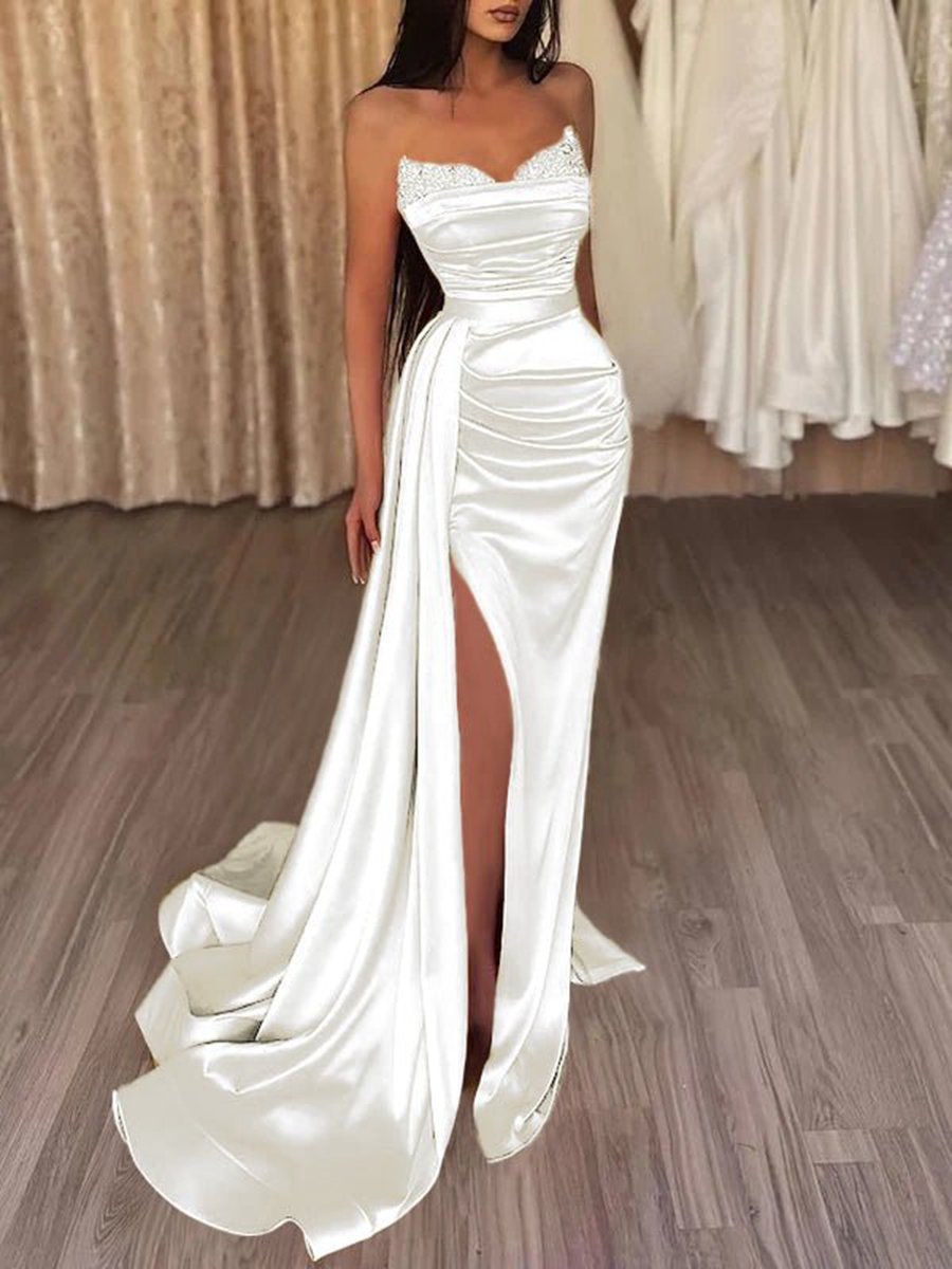 Mermaid Evening Gown Dresses Prom Court Train Sleeveless Strapless Satin with Slit Pure Color