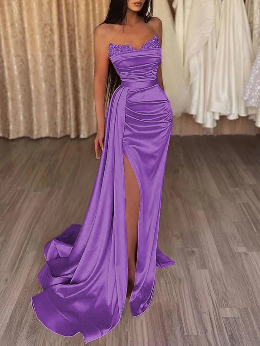 Mermaid Evening Gown Dresses Prom Court Train Sleeveless Strapless Satin with Slit Pure Color