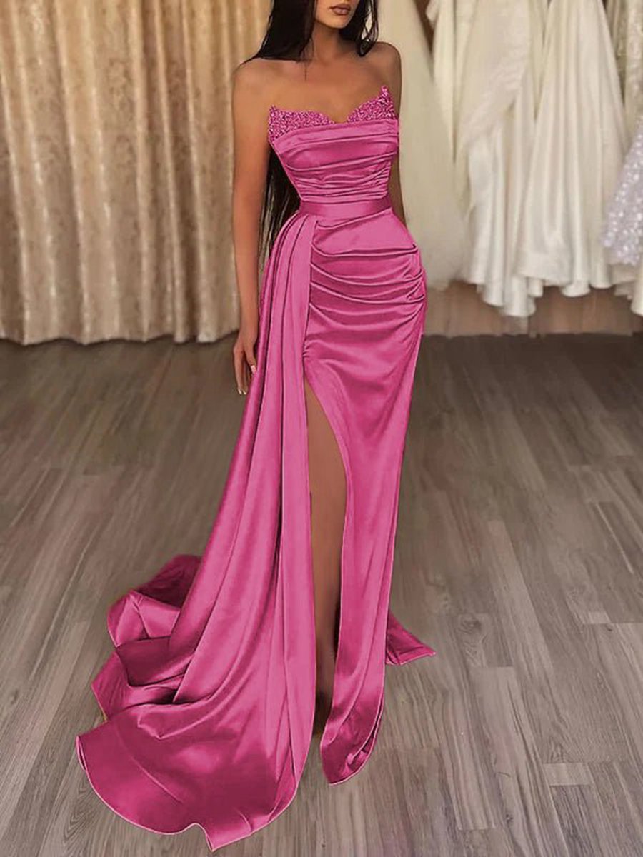 Mermaid Evening Gown Dresses Prom Court Train Sleeveless Strapless Satin with Slit Pure Color