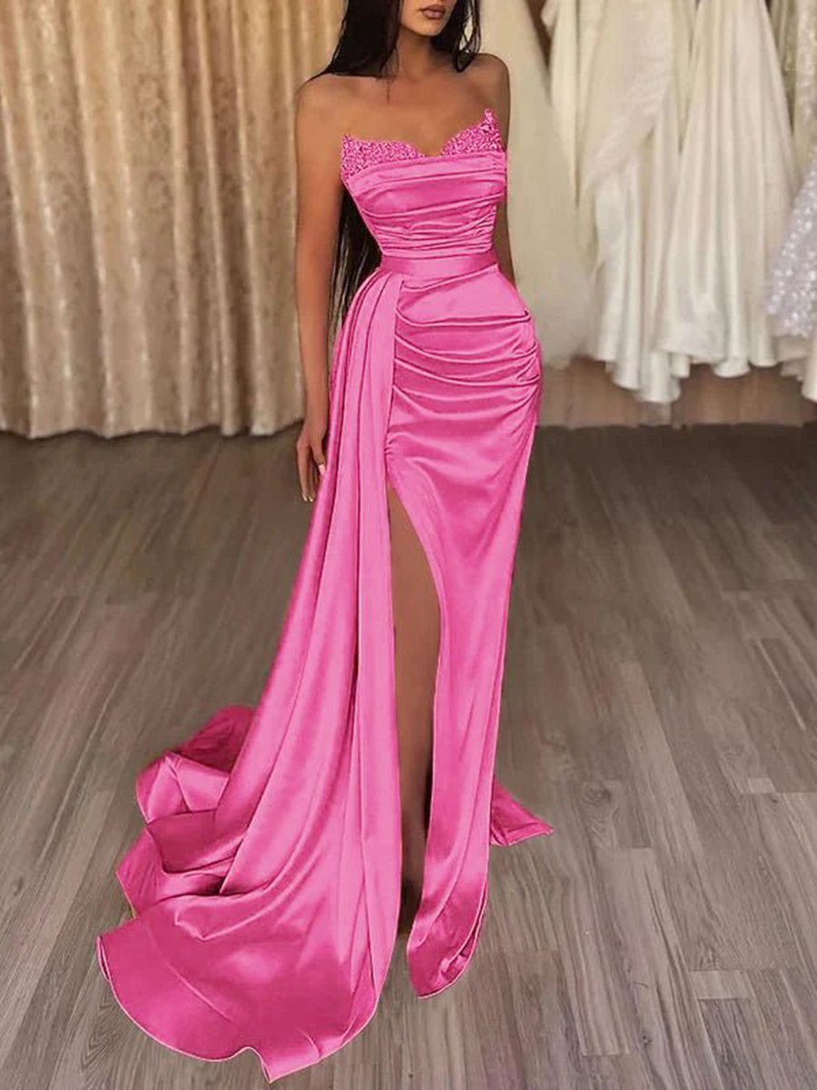 Mermaid Evening Gown Dresses Prom Court Train Sleeveless Strapless Satin with Slit Pure Color