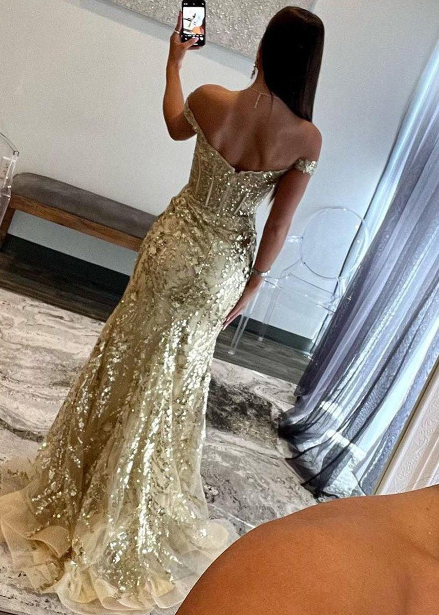 Gold Sequin Lace Off the Shoulder Mermaid Prom Dresses