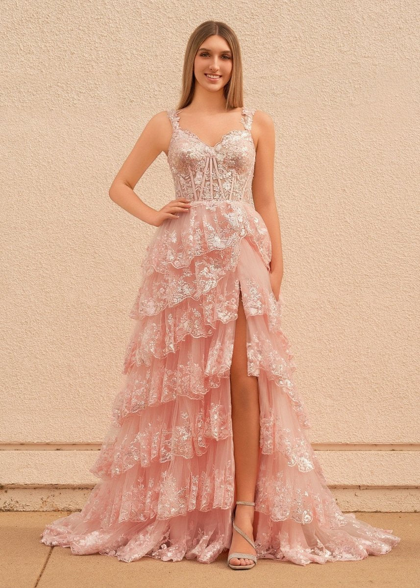 A-line Lace Off-the-Shoulder Tie Long Prom Dresses with Slit
