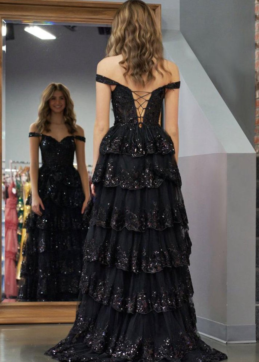 A-line Lace Off-the-Shoulder Tie Long Prom Dresses with Slit