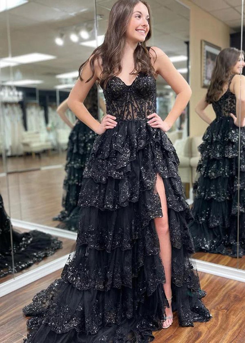A-line Lace Off-the-Shoulder Tie Long Prom Dresses with Slit