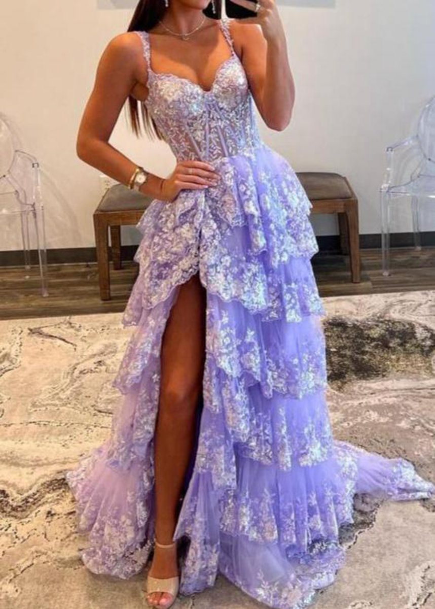 A-line Lace Off-the-Shoulder Tie Long Prom Dresses with Slit