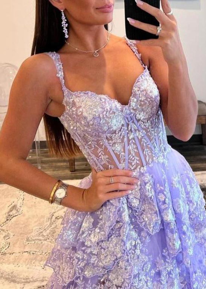 A-line Lace Off-the-Shoulder Tie Long Prom Dresses with Slit