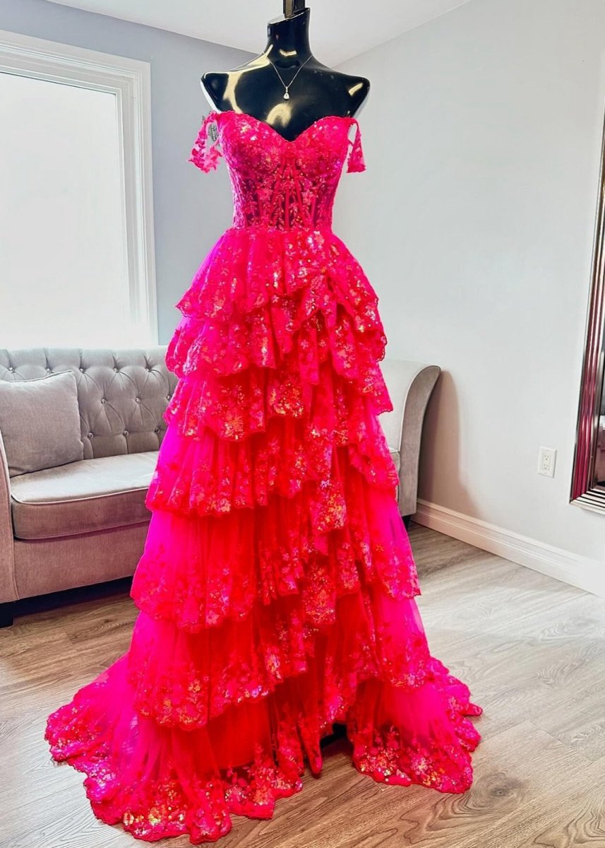 A-line Lace Off-the-Shoulder Tie Long Prom Dresses with Slit