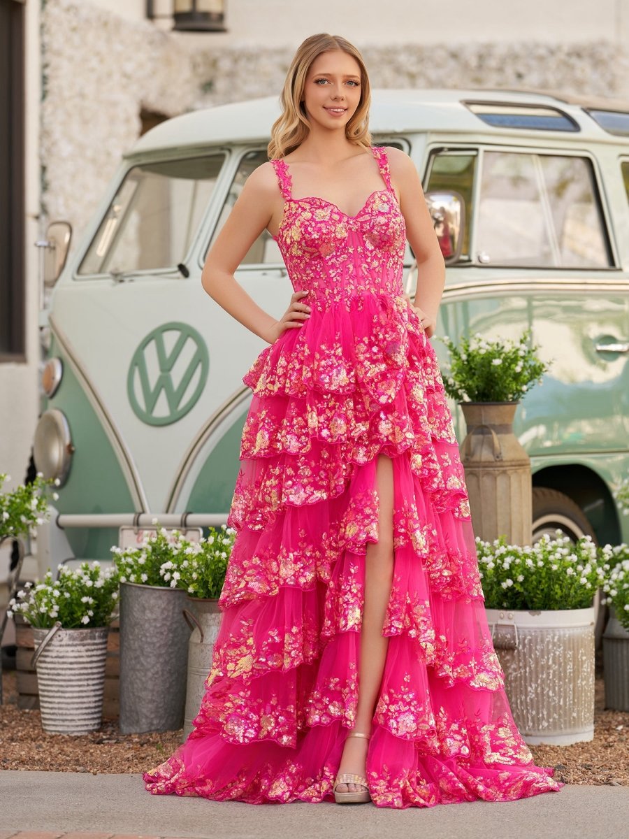 A-line Lace Off-the-Shoulder Tie Long Prom Dresses with Slit