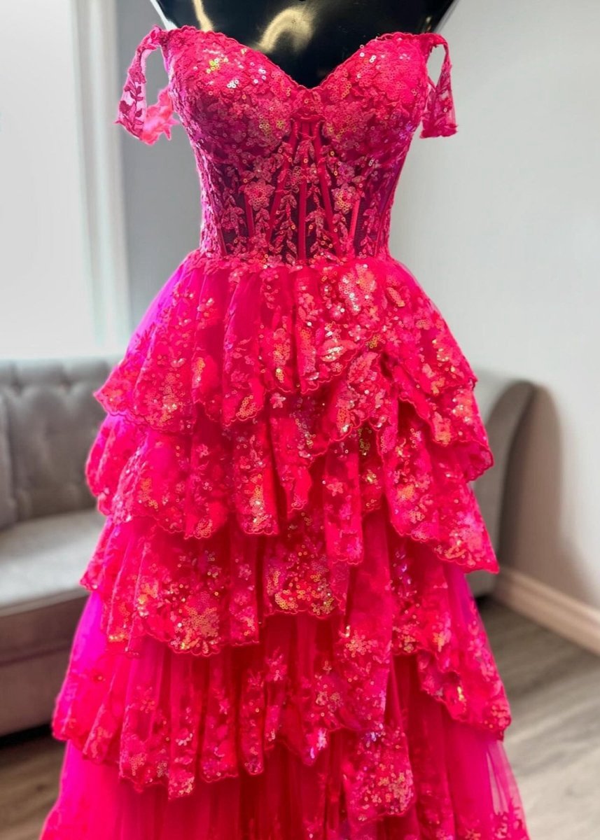 A-line Lace Off-the-Shoulder Tie Long Prom Dresses with Slit