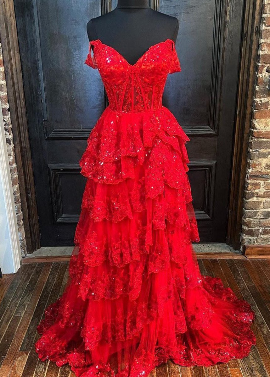 A-line Lace Off-the-Shoulder Tie Long Prom Dresses with Slit