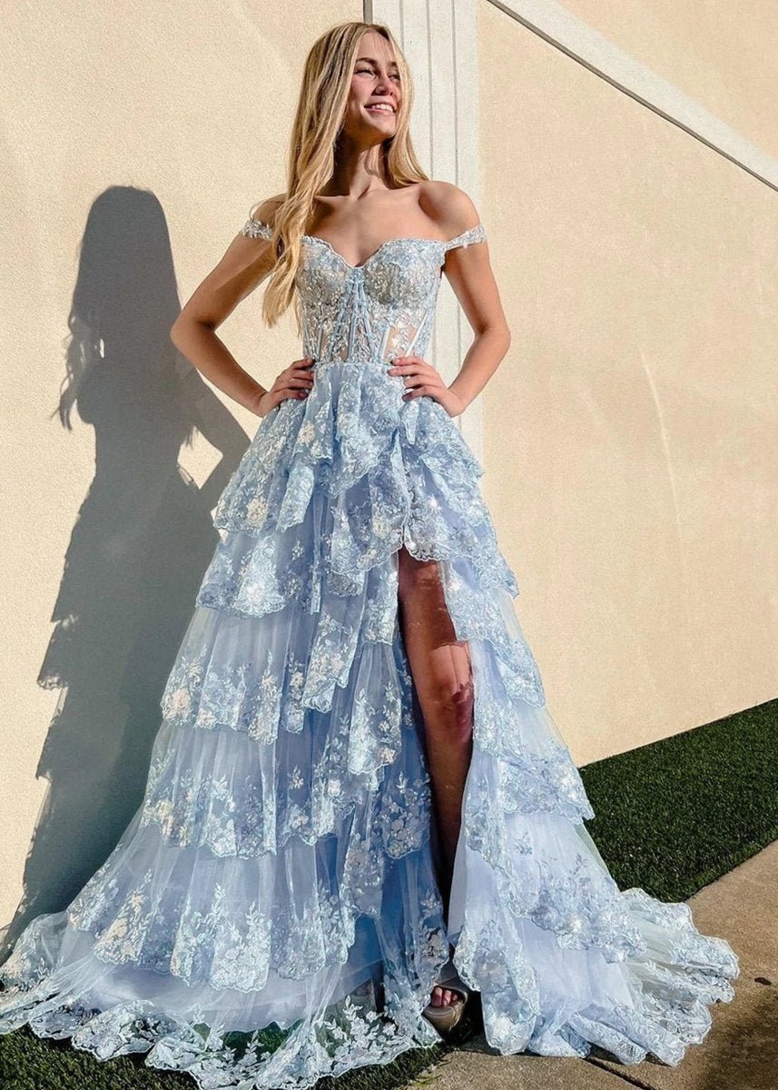 A-line Lace Off-the-Shoulder Tie Long Prom Dresses with Slit