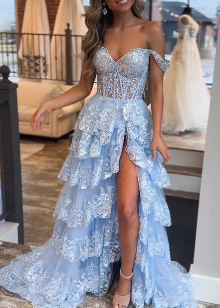 A-line Lace Off-the-Shoulder Tie Long Prom Dresses with Slit