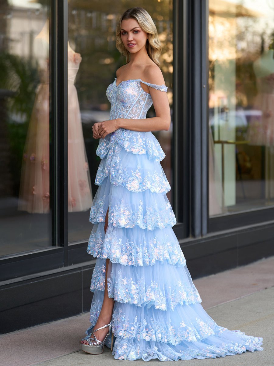 A-line Lace Off-the-Shoulder Tie Long Prom Dresses with Slit