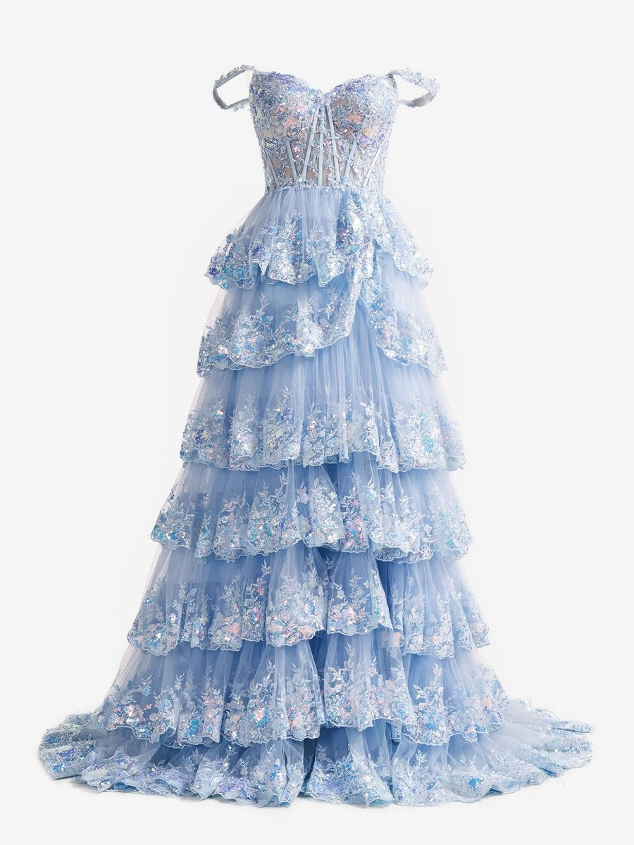 A-line Lace Off-the-Shoulder Tie Long Prom Dresses with Slit