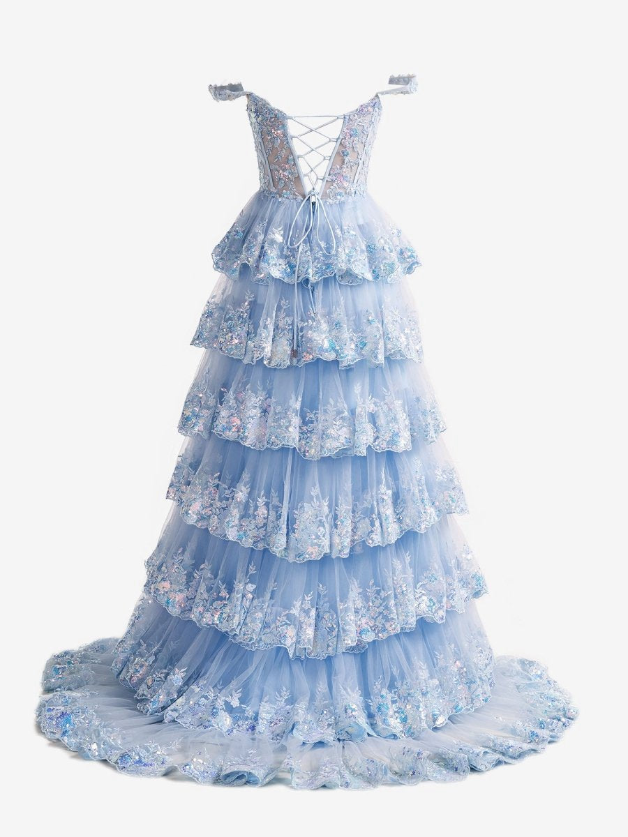 A-line Lace Off-the-Shoulder Tie Long Prom Dresses with Slit
