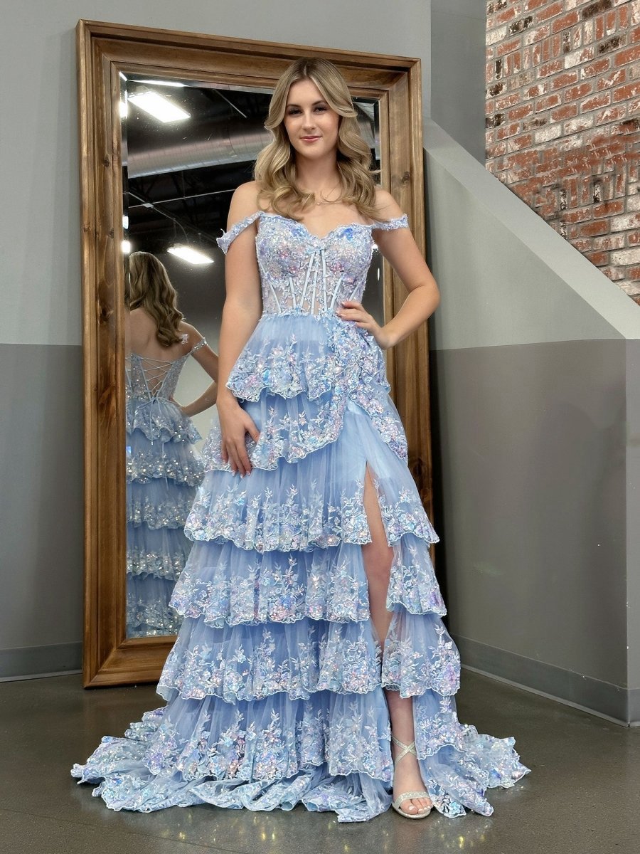 A-line Lace Off-the-Shoulder Tie Long Prom Dresses with Slit
