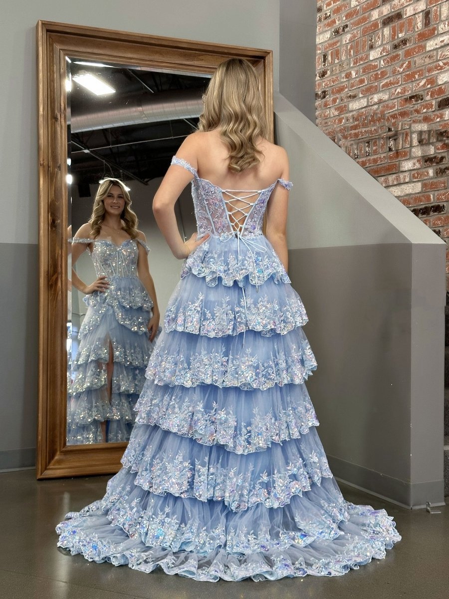 A-line Lace Off-the-Shoulder Tie Long Prom Dresses with Slit