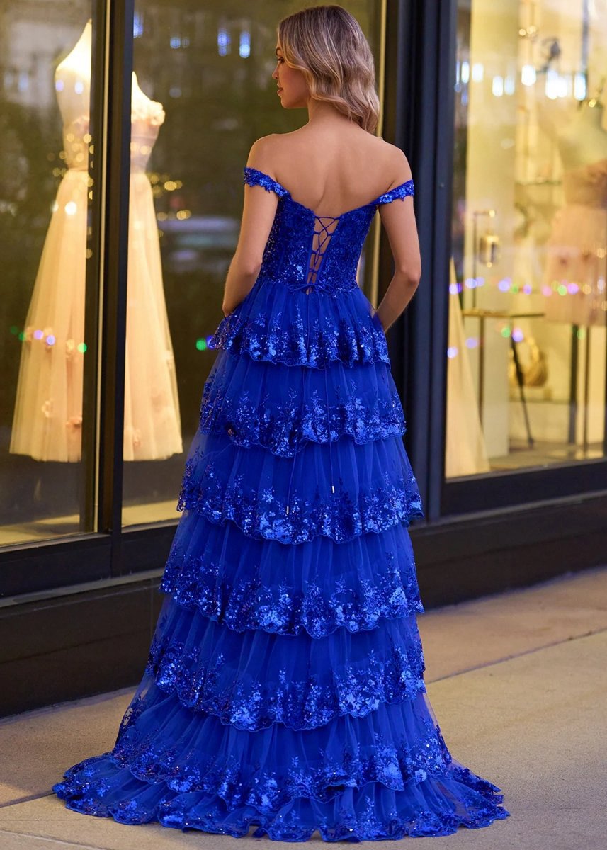 A-line Lace Off-the-Shoulder Tie Long Prom Dresses with Slit