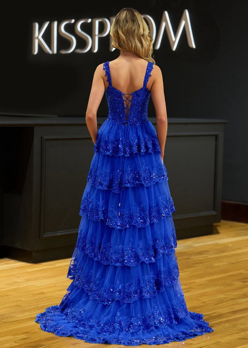 A-line Lace Off-the-Shoulder Tie Long Prom Dresses with Slit