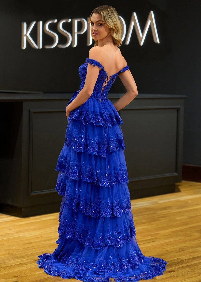 A-line Lace Off-the-Shoulder Tie Long Prom Dresses with Slit