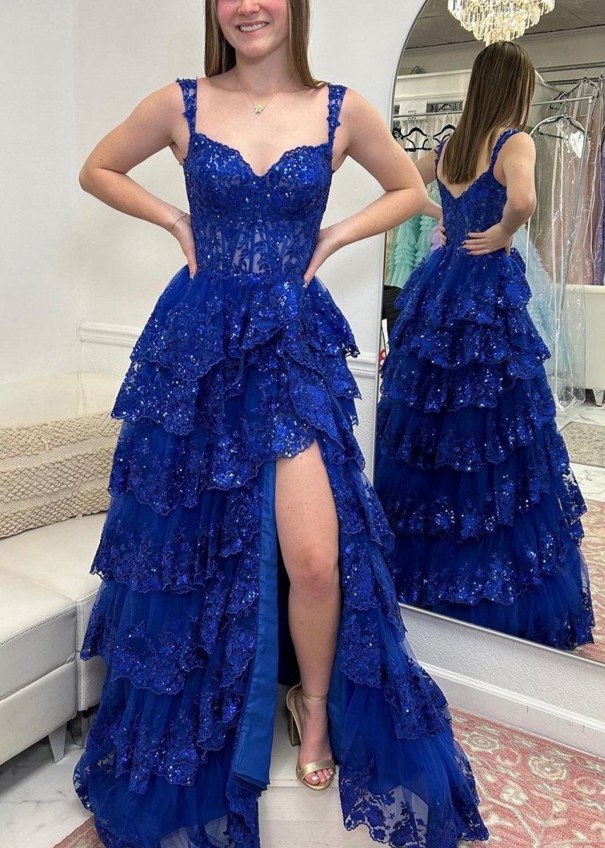A-line Lace Off-the-Shoulder Tie Long Prom Dresses with Slit