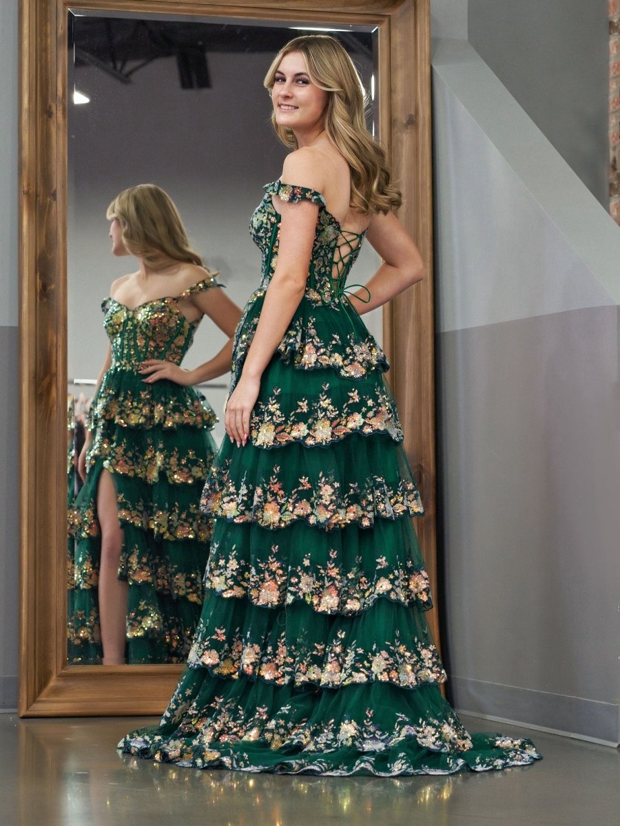 A-line Lace Off-the-Shoulder Tie Long Prom Dresses with Slit