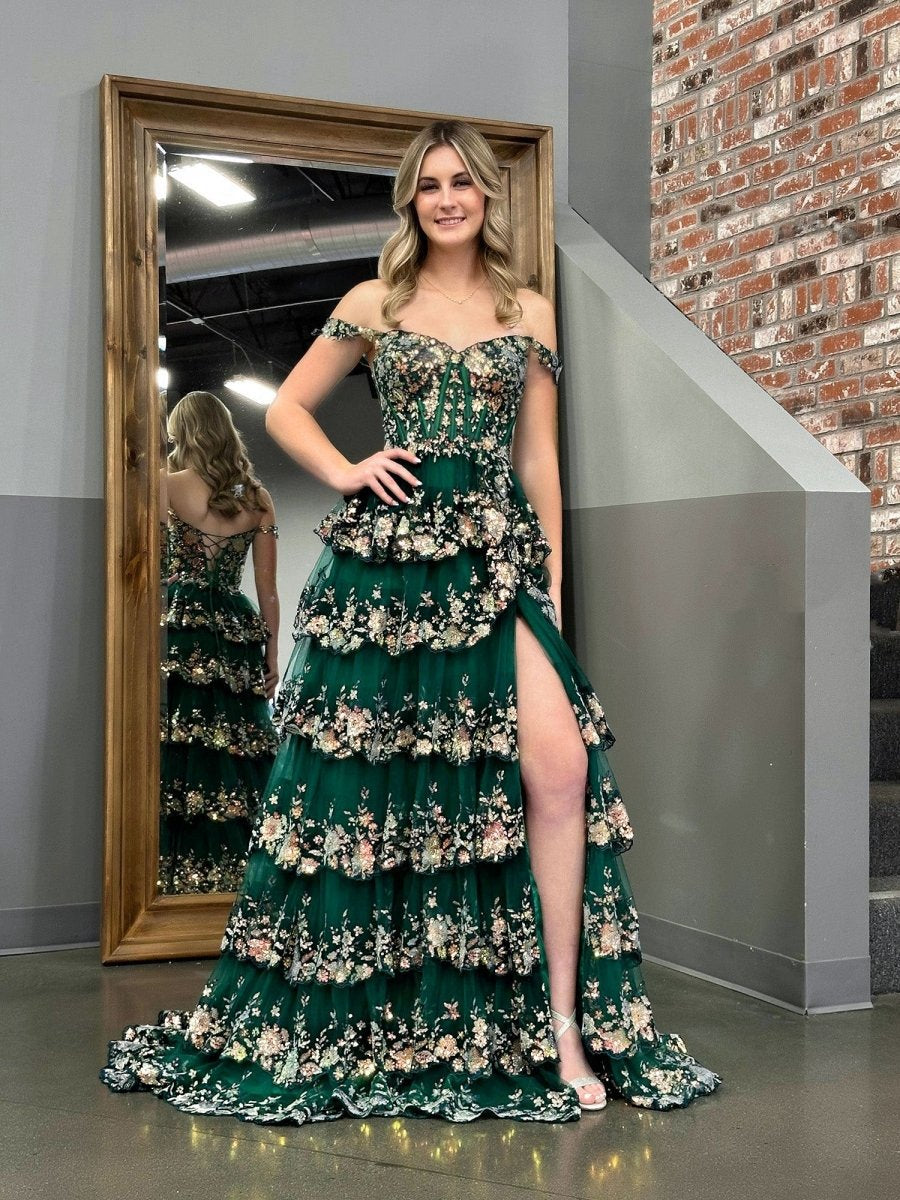 A-line Lace Off-the-Shoulder Tie Long Prom Dresses with Slit