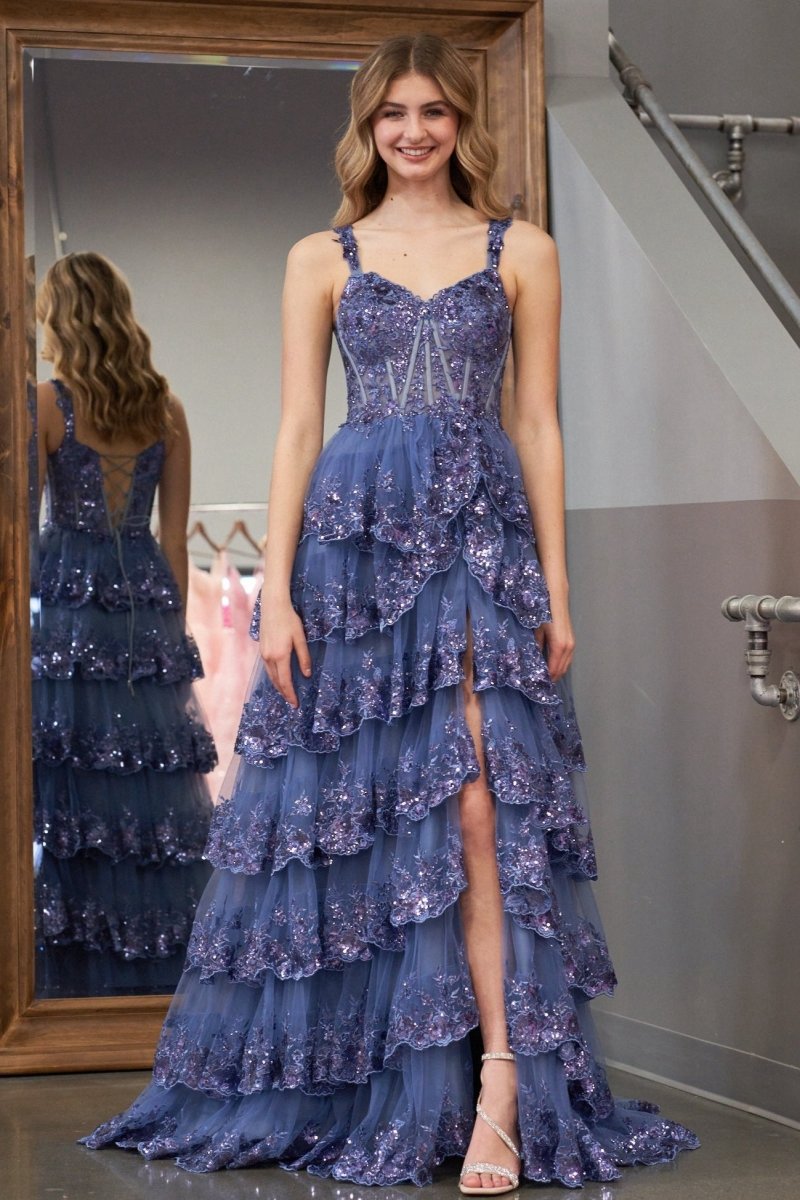 A-line Lace Off-the-Shoulder Tie Long Prom Dresses with Slit