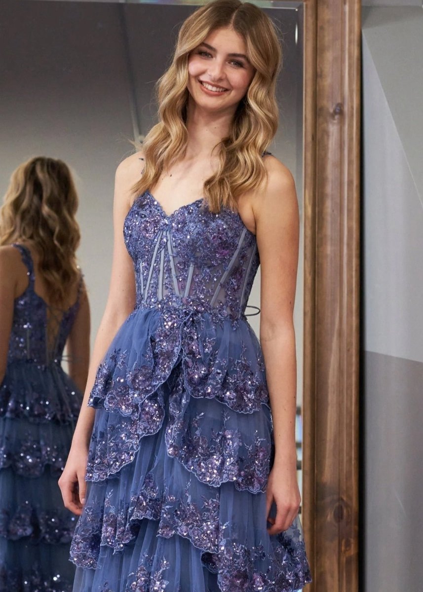 A-line Lace Off-the-Shoulder Tie Long Prom Dresses with Slit