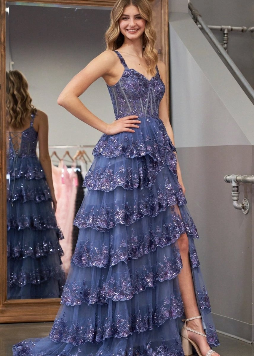 A-line Lace Off-the-Shoulder Tie Long Prom Dresses with Slit