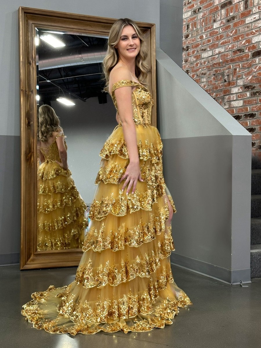 A-line Lace Off-the-Shoulder Tie Long Prom Dresses with Slit