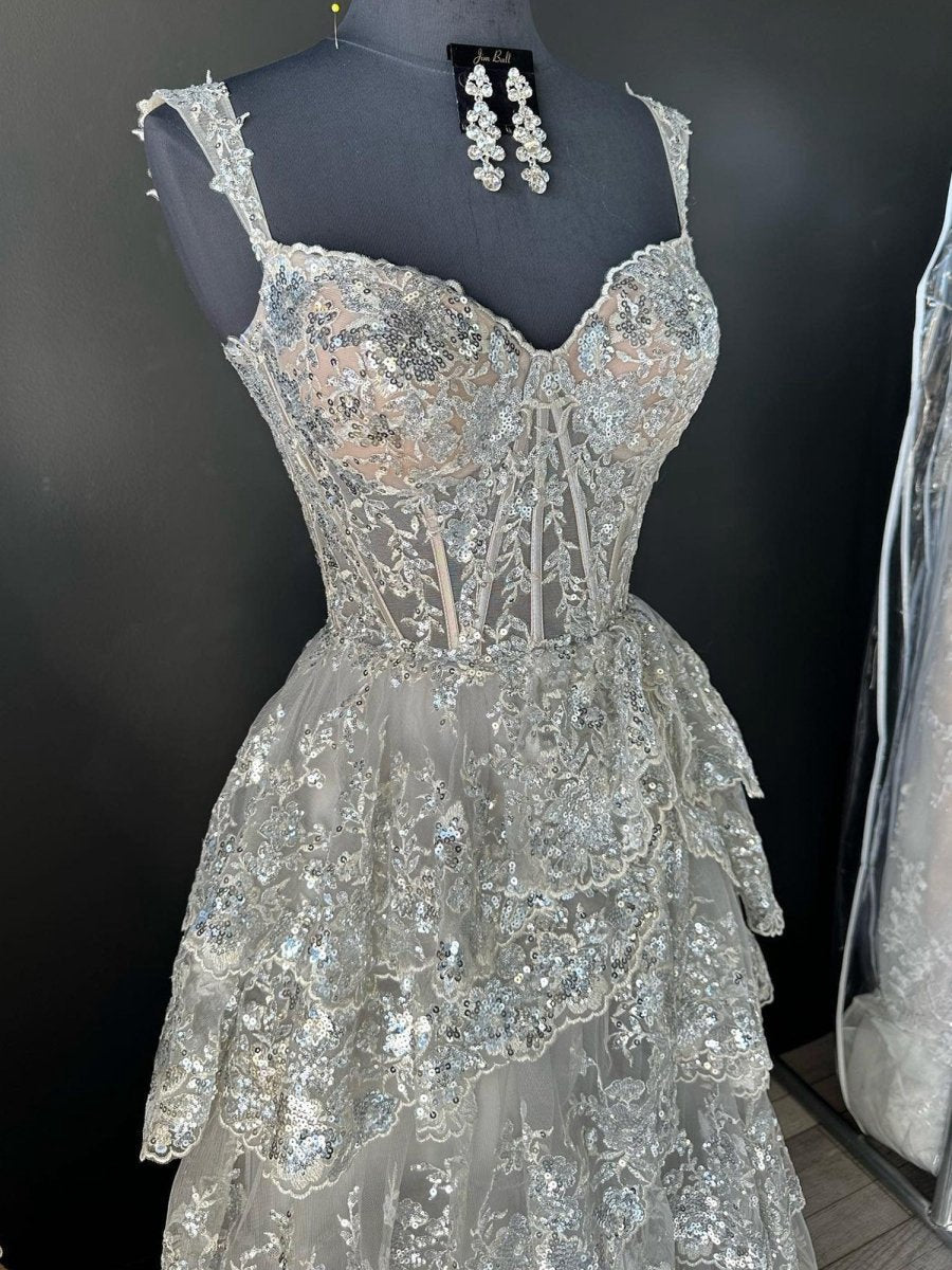 A-line Lace Off-the-Shoulder Tie Long Prom Dresses with Slit