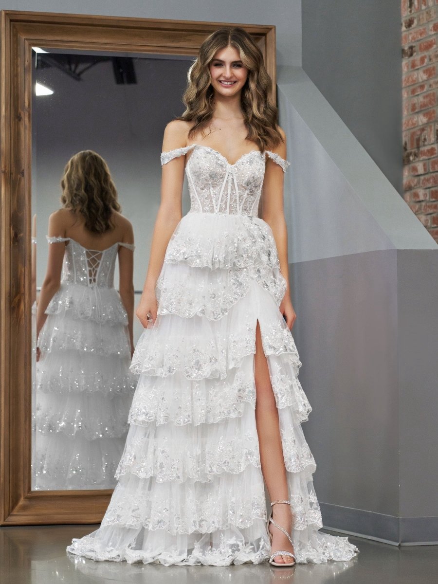 A-line Lace Off-the-Shoulder Tie Long Prom Dresses with Slit