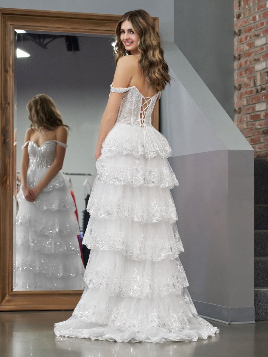 A-line Lace Off-the-Shoulder Tie Long Prom Dresses with Slit