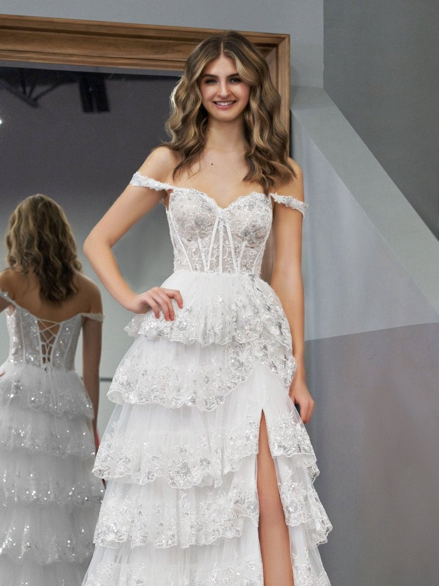 A-line Lace Off-the-Shoulder Tie Long Prom Dresses with Slit