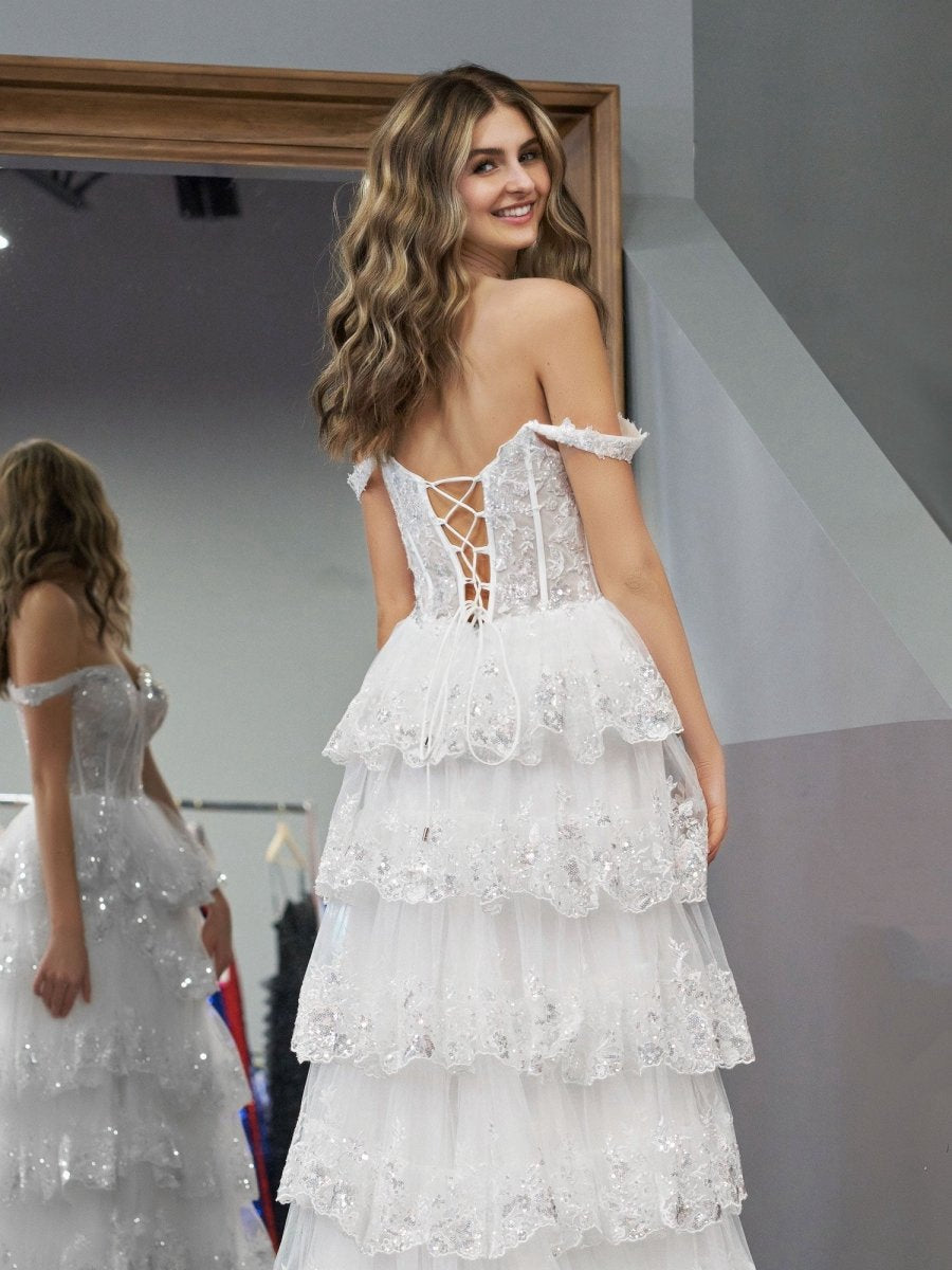 A-line Lace Off-the-Shoulder Tie Long Prom Dresses with Slit