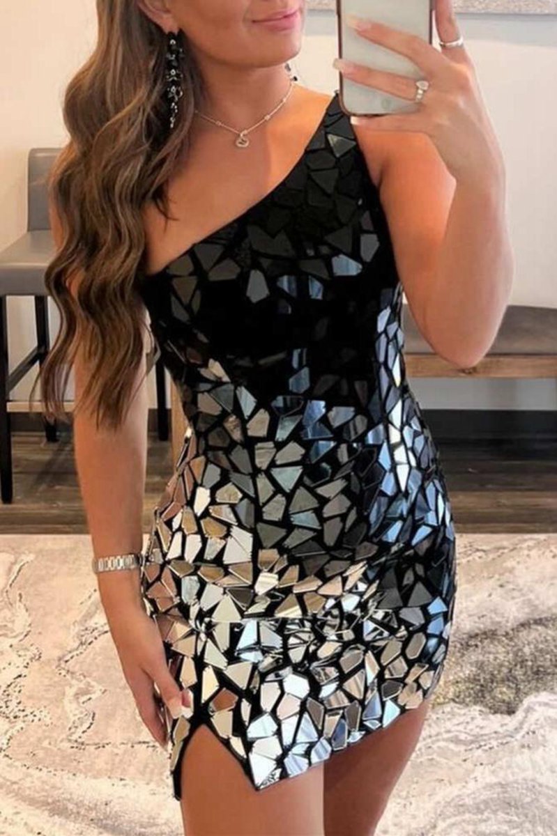 Gradient Cut Glass Mirror One-Shoulder Short Dresses