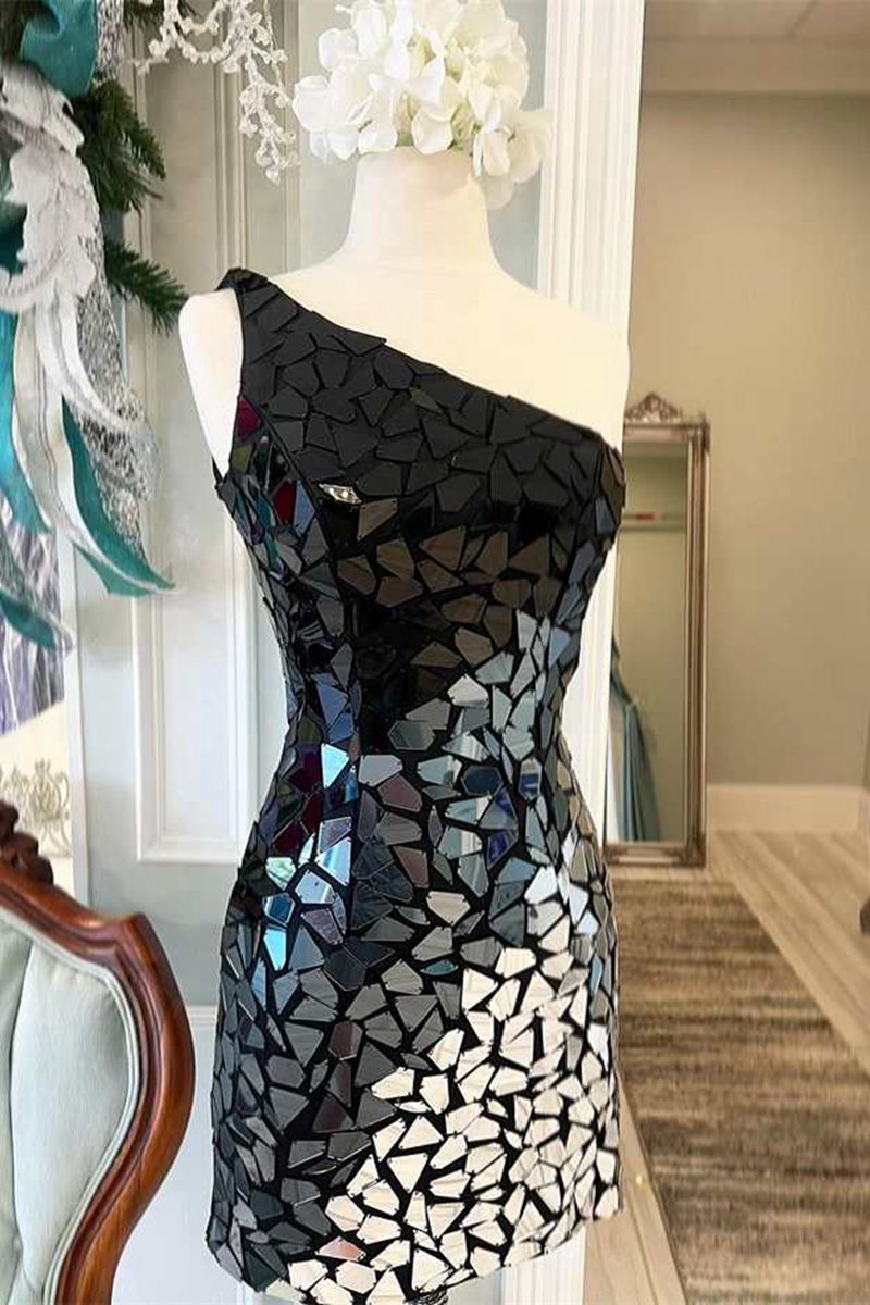 Gradient Cut Glass Mirror One-Shoulder Short Dresses