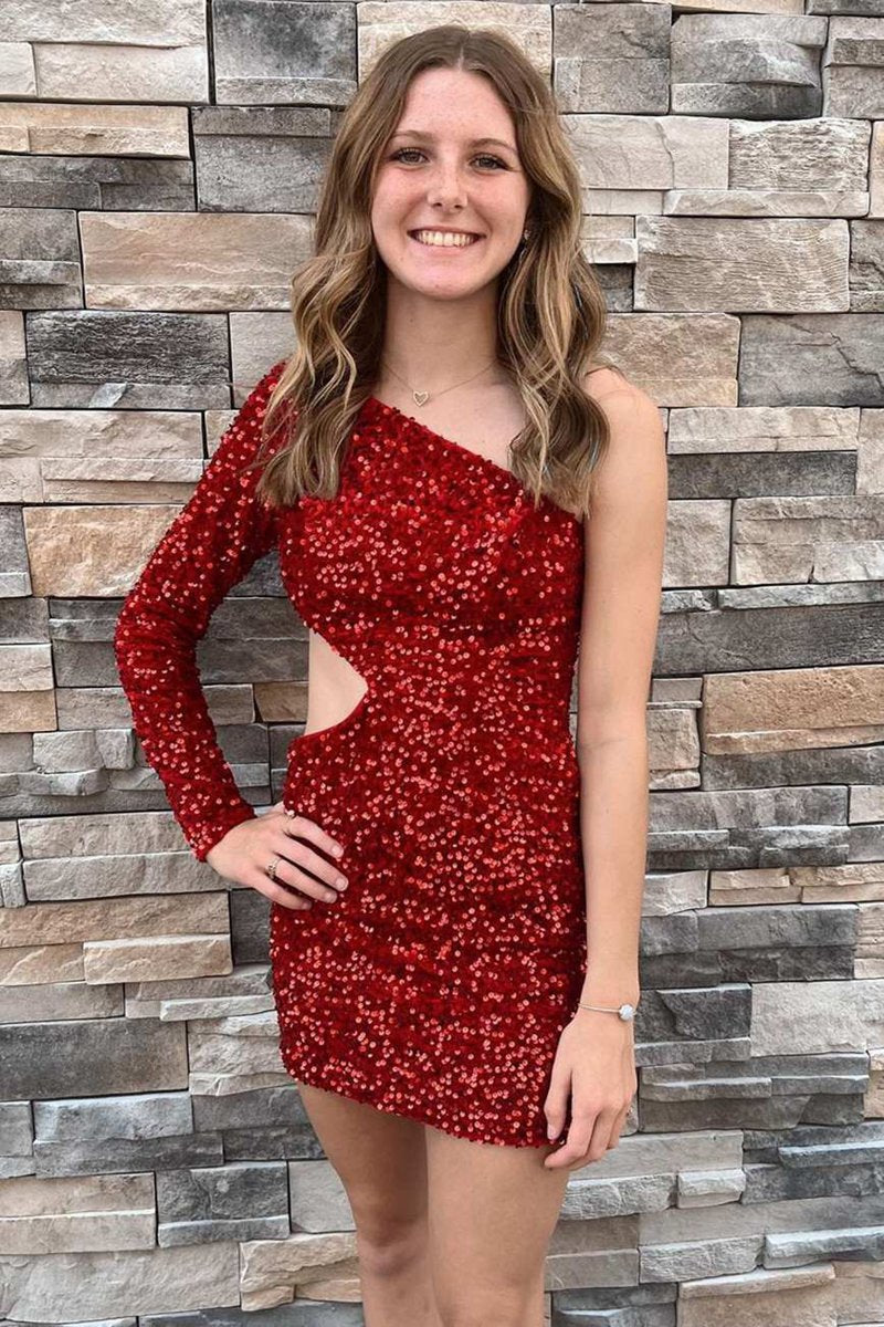 Sequin One-Sleeve Cutout Short Homecoming Dresses