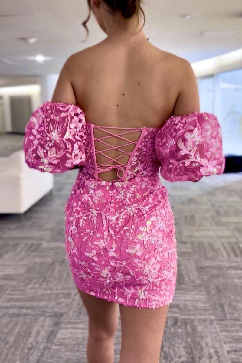 Sequin Lace Strapless Short Dresses with Detachable Sleeves